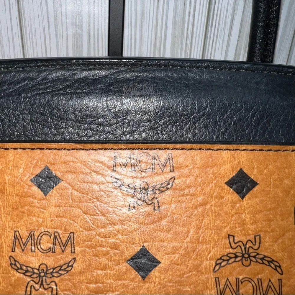 MCM Vintage Cognac Visetos Tote Bag Black Leather Trim Satchel Handbag